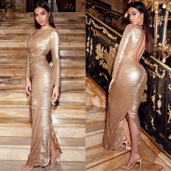 House of CB | Dresses | House Of Cb London Roqa Backless Sequin Gown Size  Large Metallic Gold | Poshmark